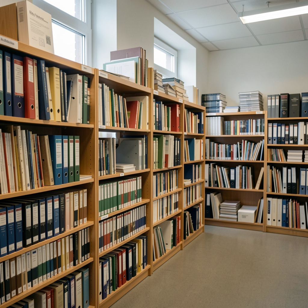Helles Archivbüro mit Regalen voller Forschungsordner und einer großen Fensterfläche – ruhige, institutionelle Atmosphäre im dokumentarischen Stil