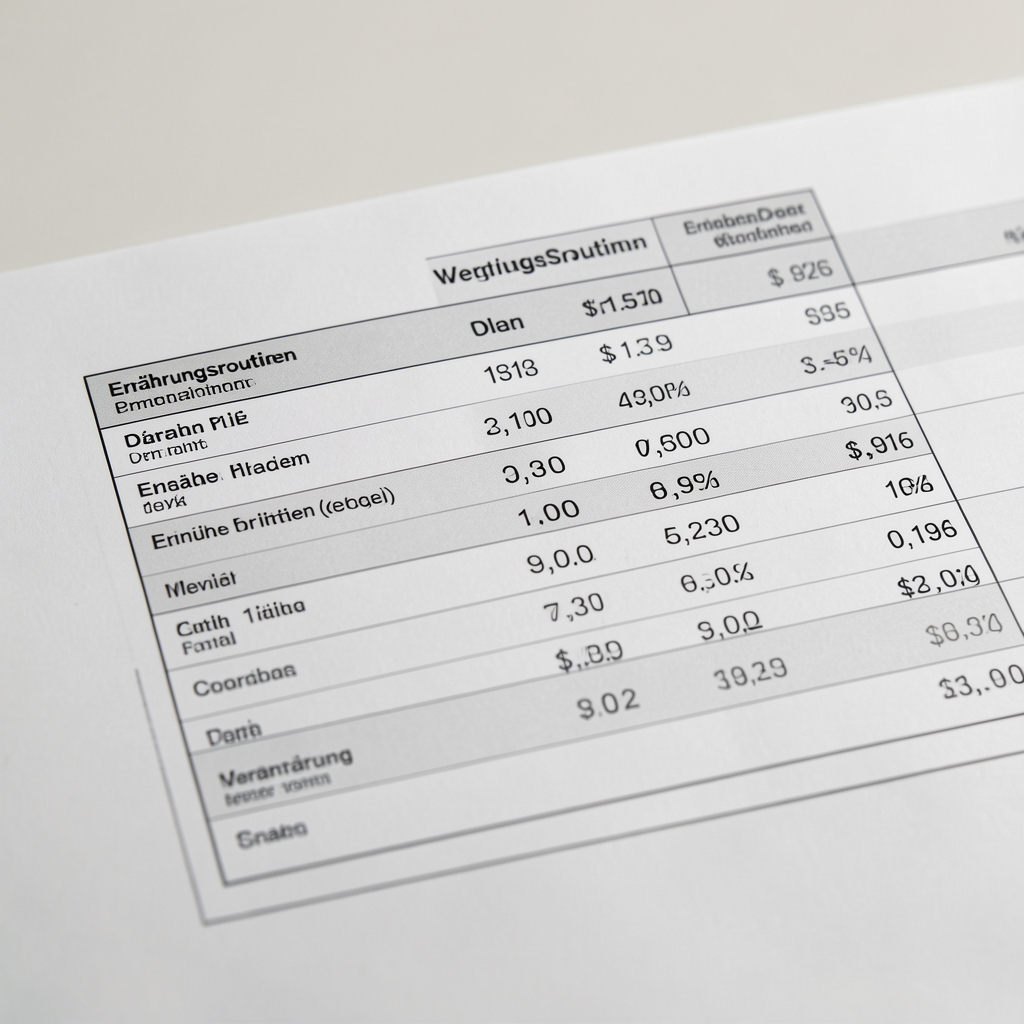 Vergrößerter Blick auf eine Tabelle mit Vergleichsdaten zu Ernährungsroutinen – strukturierter Datensatz auf hellem Papier, Studiobeleuchtung