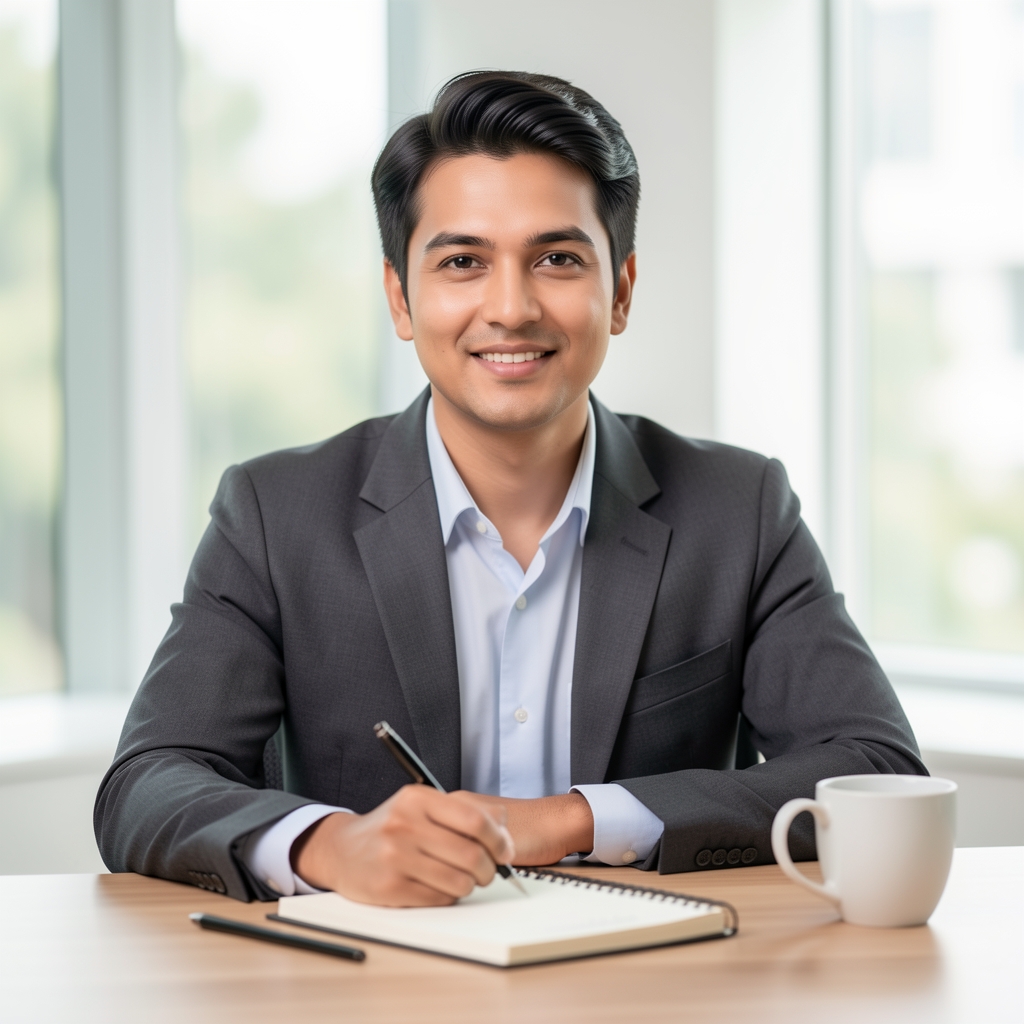 Nahaufnahme eines modernen Schreibtischbereichs mit Notizbuch, Stift und einer Tasse – helles, klares Bürolicht ohne Personen